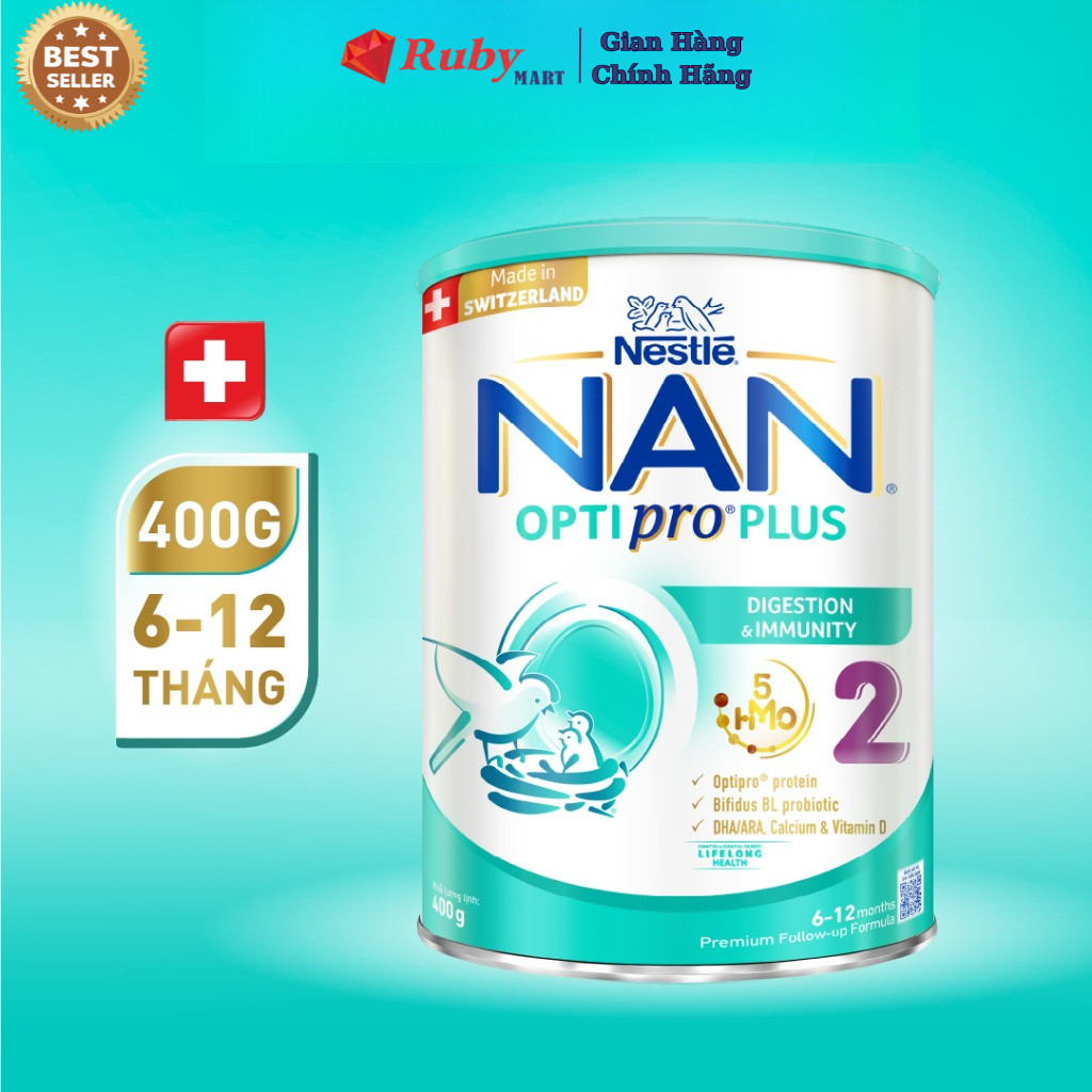 Sữa Bột Nestlé NAN OPTIPRO PLUS 2 400g/lon với 5HMO Sản Xuất Tại Thụy Sĩ