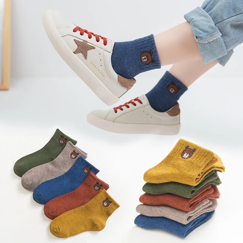 【SALE】 5 đôi vớ ấm áp dày mùa đông trẻ em bé trai bé gái Vớ thể thao cotton gấu phim hoạt hình sọc tất kẻ ca rô chống trượt