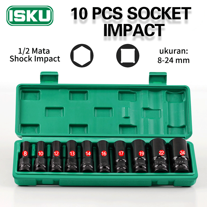 Isku Mata shock set extention impact 1/2 8-24mm kunci socket set 10 PCs high carbon steel Pajang Harga 129,000 rupiah*Gratis Ongkir