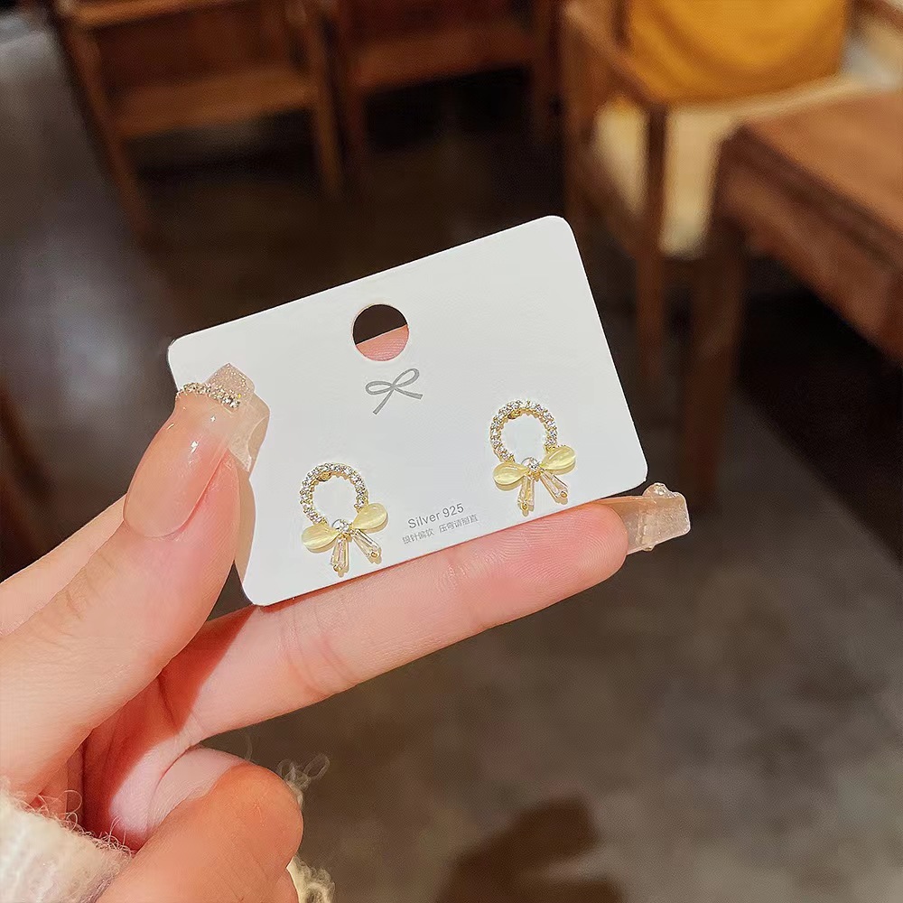 Khuyên nụ S925 kim bạc dát Zircon siêu nhỏ nút thắt nơ Bông Tai Cho Phụ Nữ, Ngọt Ngào Và tính cách thanh lịch, Cao Cấp Mèo Của Mắt Bông Tai, bông tai nhỏ Jigerbyq
