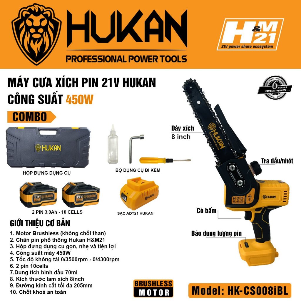 Máy cưa xích PIN HUKAN HK CS008iBL-Công suất 450W, máy cưa xích pin 8 inch hàng chính hãng