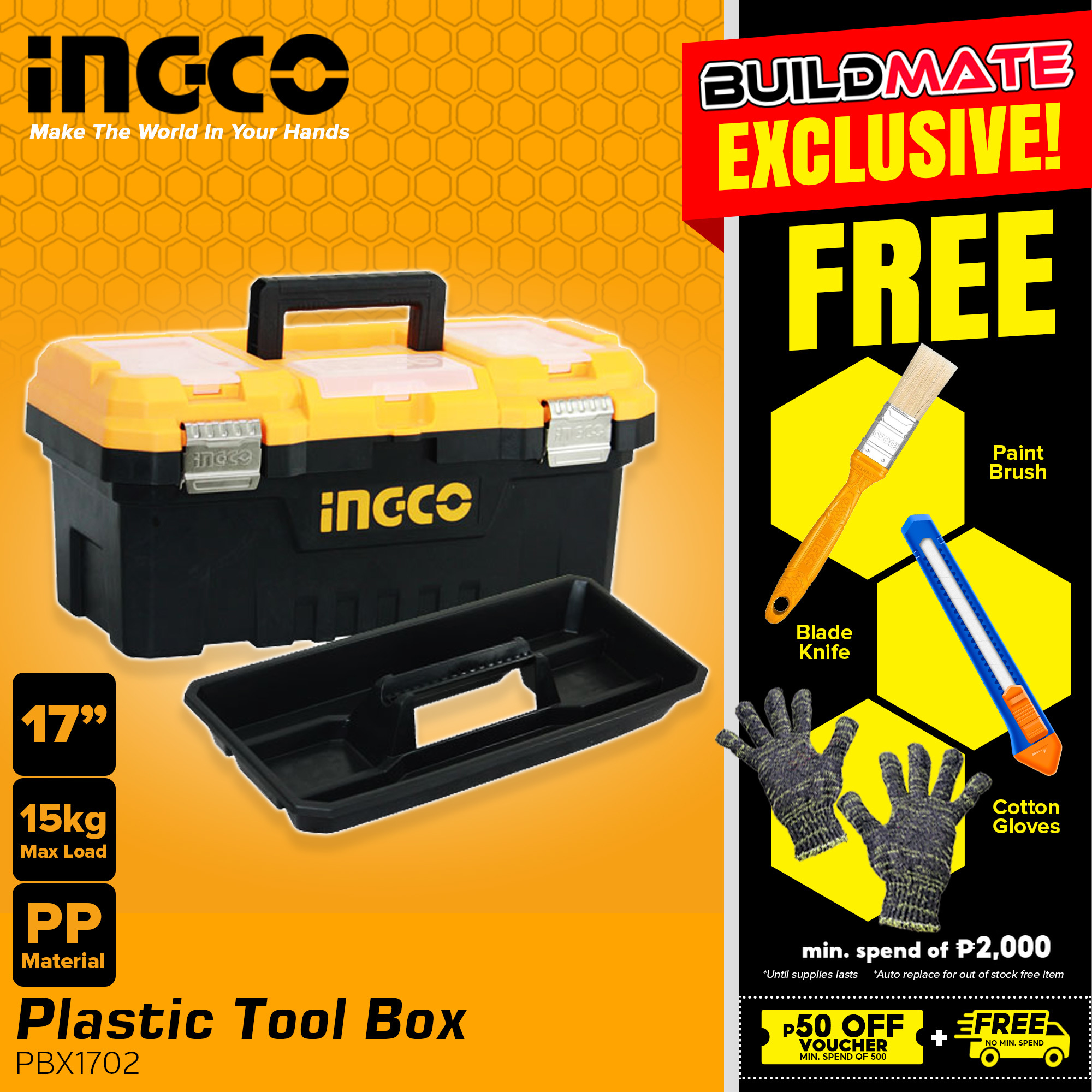 Ingco 14 Plastic Tool Box Organizer with Tray 10kg capacity PP Material