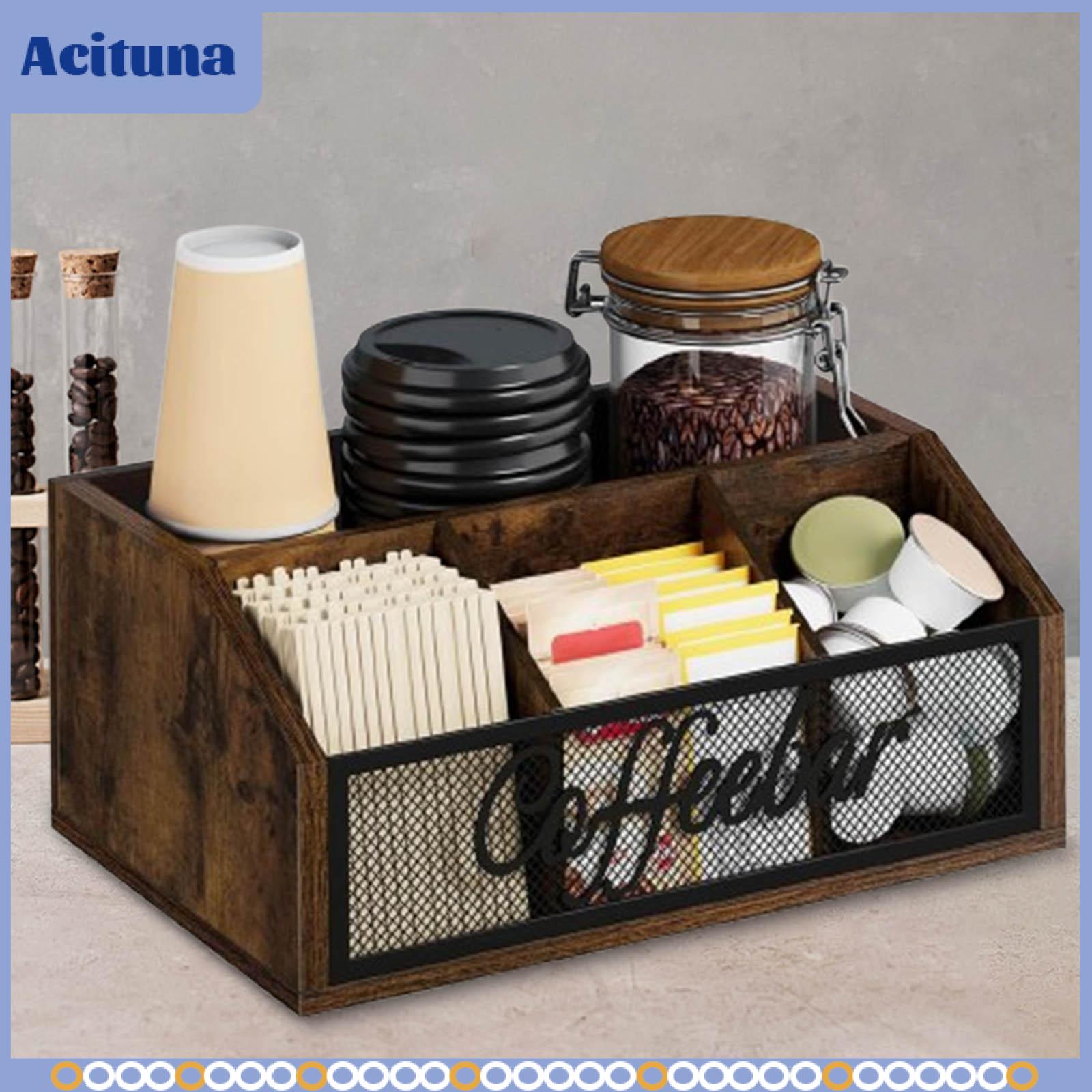ชุดจานชามและแก้วน้ำบนโต๊ะอาหาร Acituna Coffee Bar Organizer ไม้เหล็กตาข่ายกาแฟแคปซูลพร้อมแบ่งถ้วยกาแฟสำหรับห้องครัวสำนักงาน Breakroom