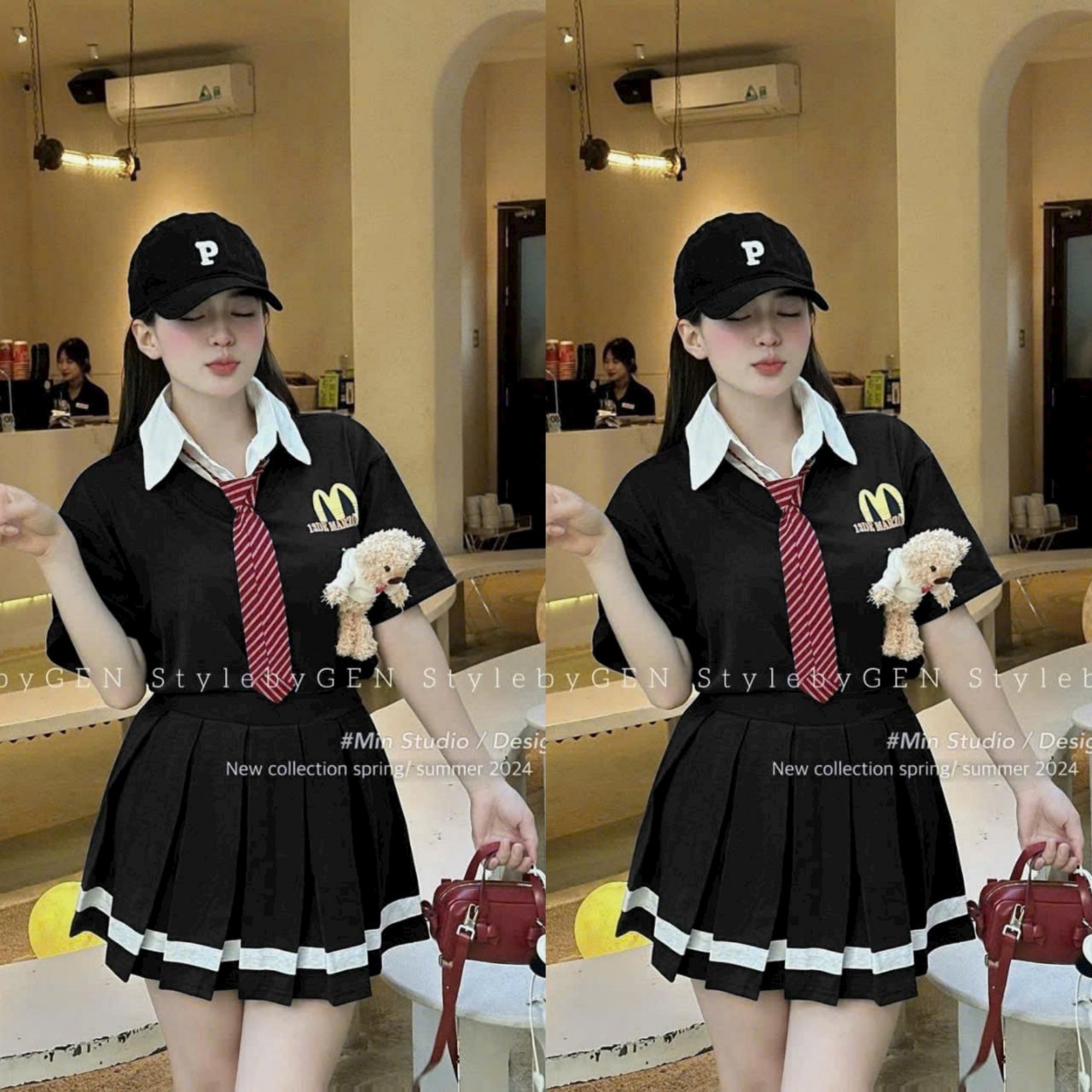 Set Bộ Áo Thun Cổ Sơ Mi Cà Vạt Đính Gấu Bông Phối Chân Váy Xòe Xếp Li Có lót Dễ thương , Siêu Cưng