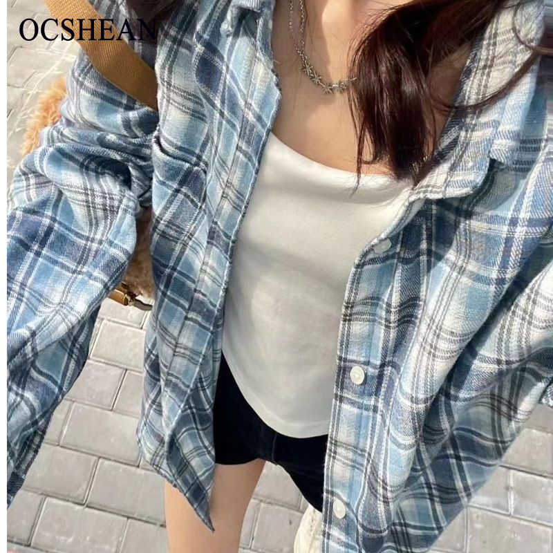 OCSHEAN  เสื้อโค้ทเสื้อเชิ้ตลายสก๊อตสีฟ้าสไตล์ชิวๆสำหรับผู้หญิงเสื้อเชิ้ตทรงหลวมแบบใหม่สำหรับผู้หญิง - ยี่ห้อ OCSHEAN ราคา 121 บาท*ส่งฟรี