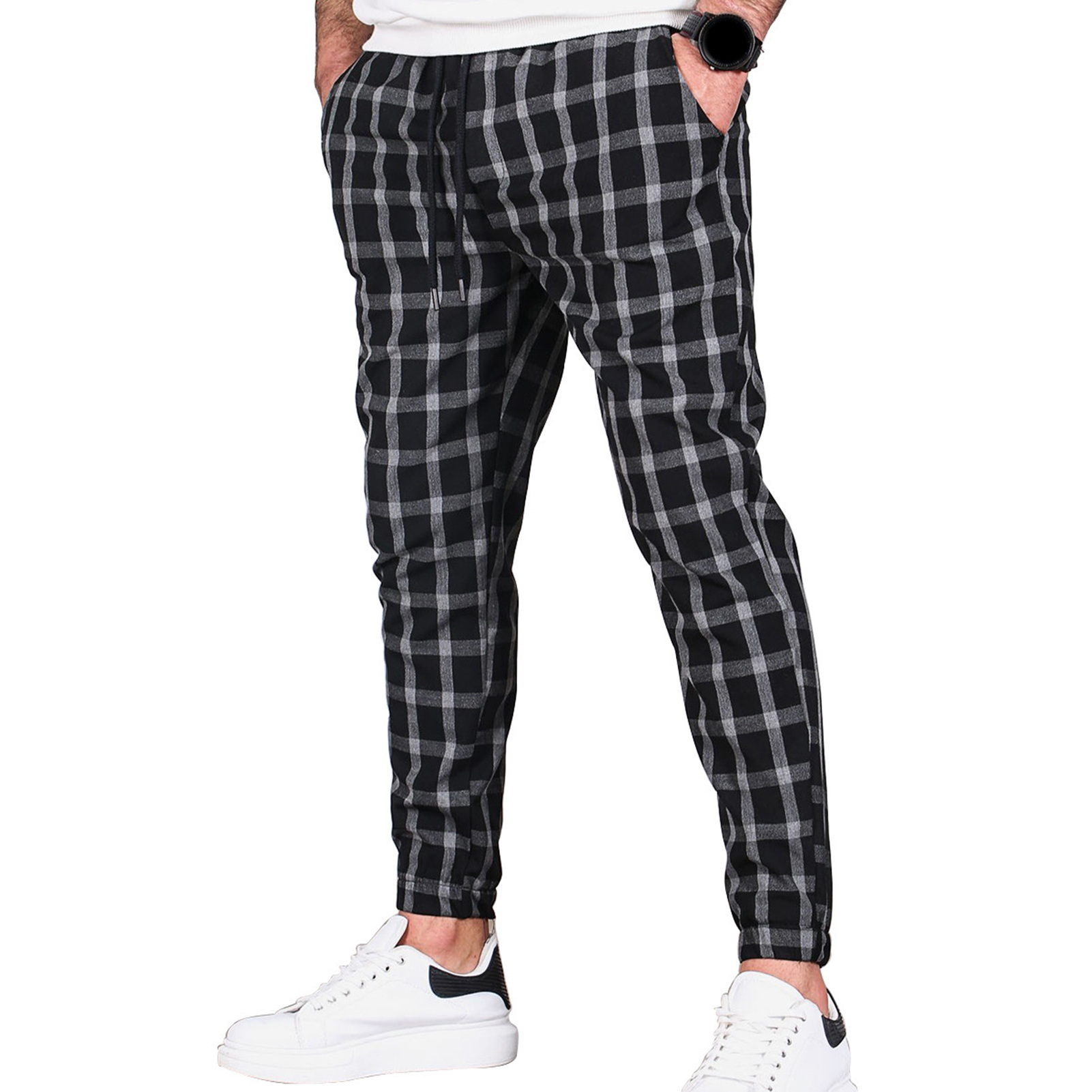 UHH Men Trousers Men Sweatpants Men's Casual Plaid Jogger Pants with Drawstring Waist Elastic Ankle Bands Pockets – Soft Breathable Mid-waist Sports Sweatpants for Fall and Spring