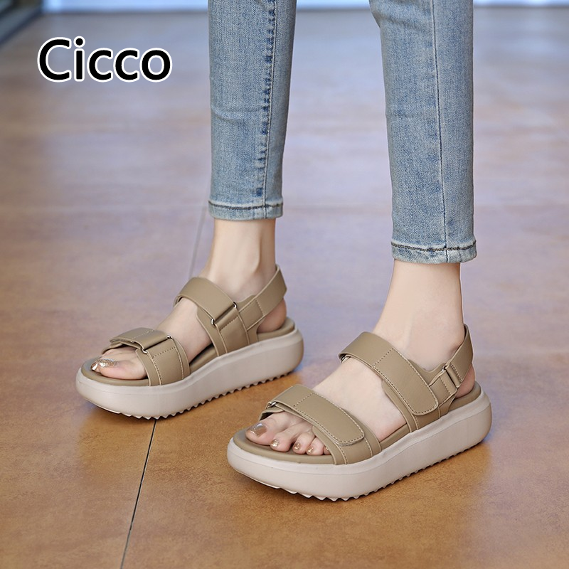 Giày đi biển đơn giản Dép Xăng Đan Gót bệt nữ Giày có đế Dày Phong cách la mã khoá dán nữ cicco