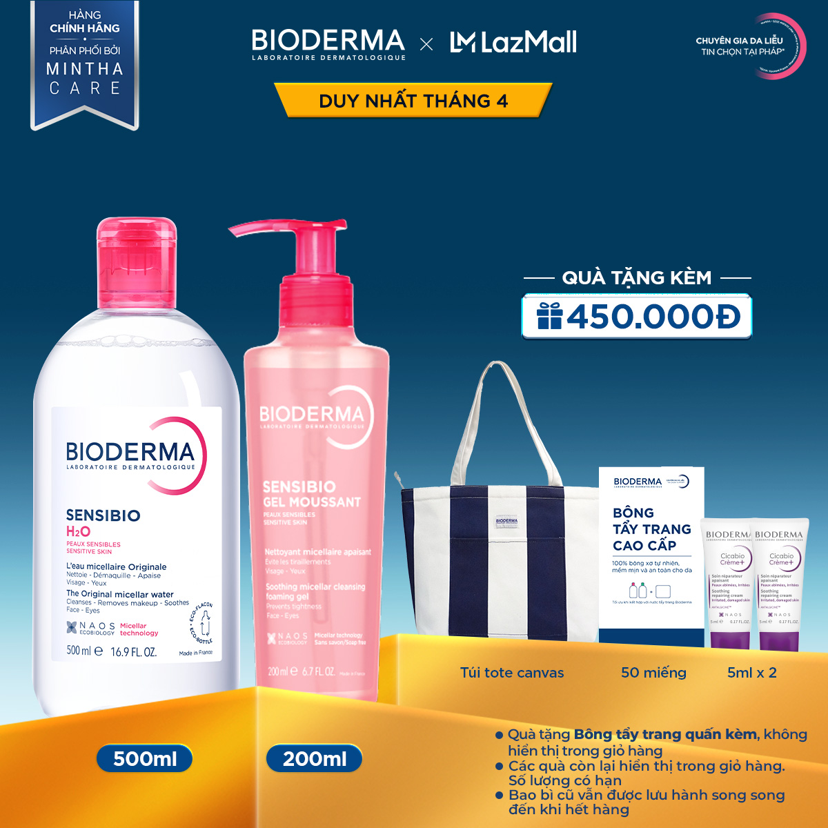 Bộ nước tẩy trang và làm sạch Micellar cho da nhạy cảm Bioderma Sensibo H2O 500ml và gel rửa mặt tạo bọt 200ml