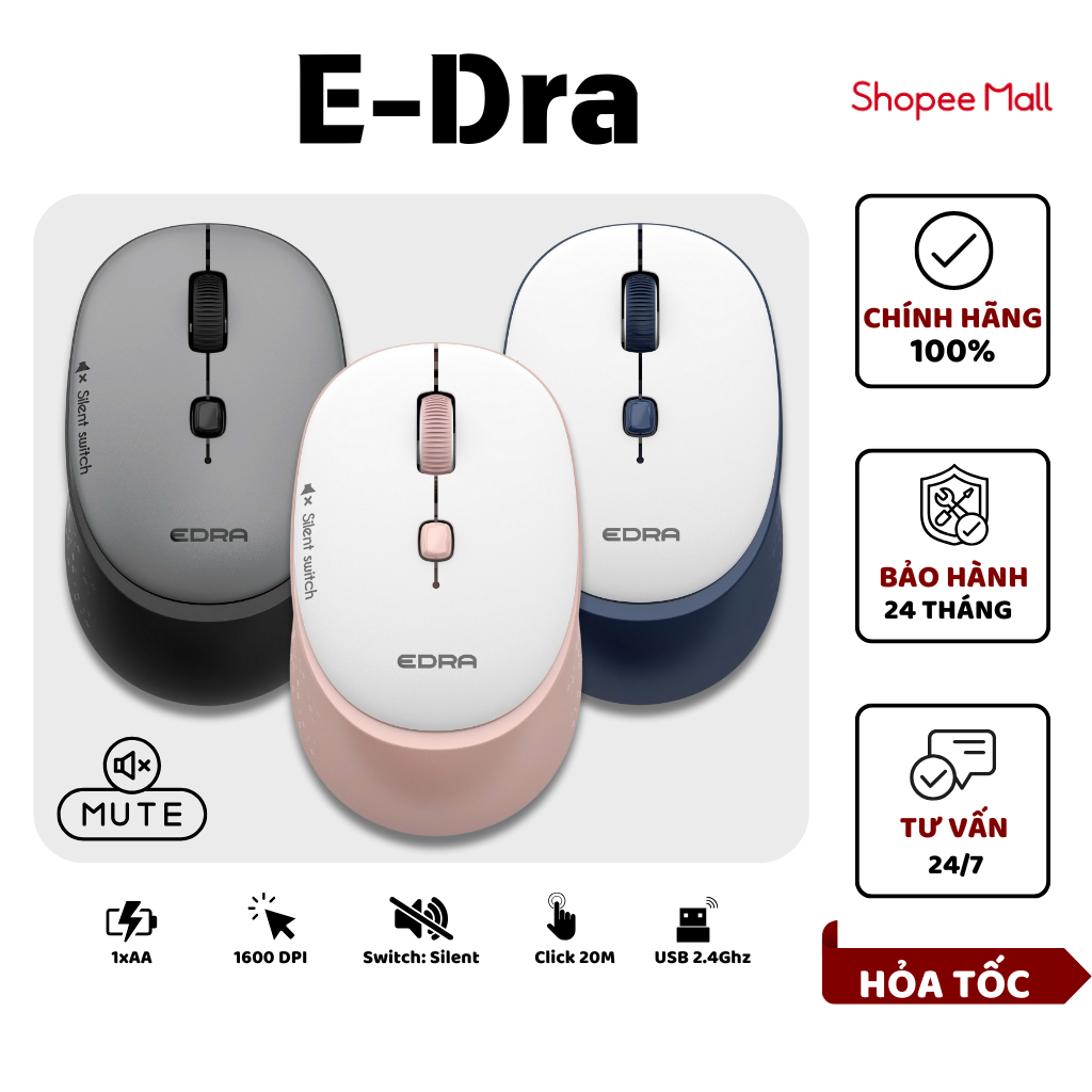 Chuột Không Dây Silent EDRA EM610W ( Wireless 2.4Ghz/Timelife 3M/ 1600DPI) | Chuột Văn Phòng