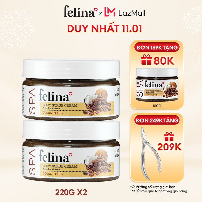 Combo 2 hộp Kem tắm tẩy tế bào chết từ hạt cà phê và tinh dầu dừa Felina Home Spa 220g/hộp
