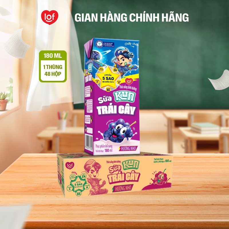 Sữa trái cây KUN vị nho thùng 48 hộp x 180ml