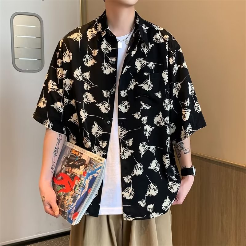 Hanlu áo sơ mi nam hàn quốc Lụa băng mỏng áo in hoa lỏng áo sơ mi tay ngắn đơn giản đi biển áo sơ mi