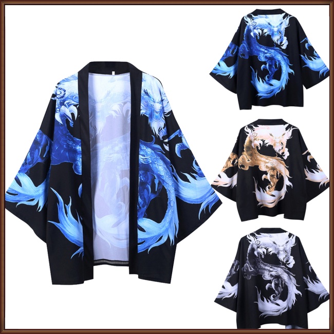 COD Áo Khoác Kimono Tay 3/4 Dáng Rộng In Hình Rồng Trung Hoa Dành Cho Nam Và Nữ NHJBFSDDG