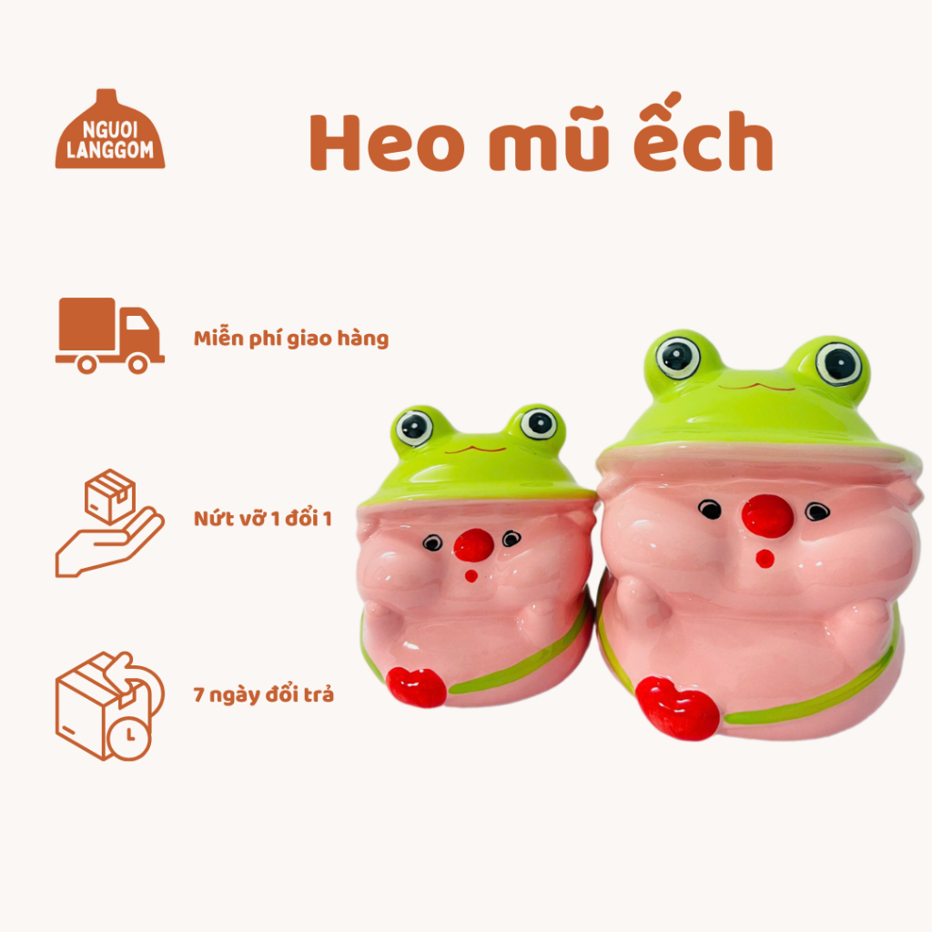 [lỗ tròn] Lợn đất heo đất ống heo tiết kiệm decor - Heo mũ ếch - Bát Tràng