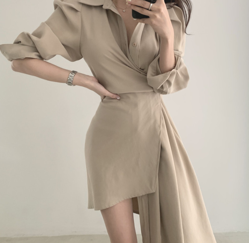 Hàn Quốc Chic Trang Nhã Ánh Sáng Mùa Xuân Và Mùa Thu Phong Cách Retro Khí Chất Bất Thường Bó Eo Tôn Dáng Kiểu Lửng Qua Đầu Gối Đầm Nữ