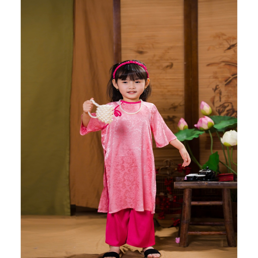 Áo Dài Mặc Tết Chất Gấm Lụa Cho Bé Gái Sét Áo Dài Gấm Cách Tân TẾT 2025 Size Đại Từ 10 - 43 Kg DA02