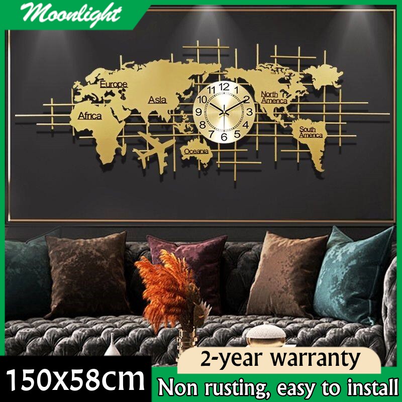150X58CM World Map Clock Wall Decoration Sofa Background Wall Clock Iron Big Clocks Suitable for Living Room Bedroom Study（150x58cm） ราคา 3,991 บาท*ส่งฟรี