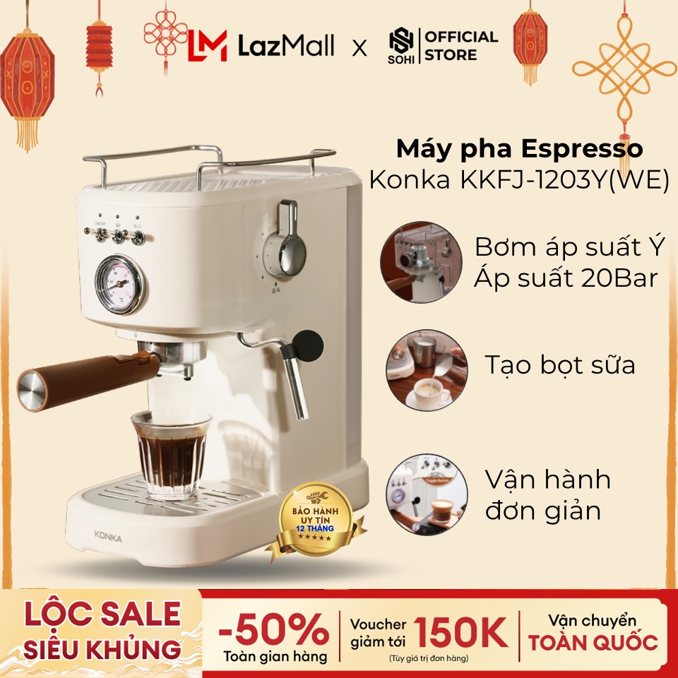 Máy pha cà phê Konka KKFJ-1203Y espresso, thiết kế mới cải tiến, pha cà phê bột, đánh bọt sữa, bảo hành 12 tháng