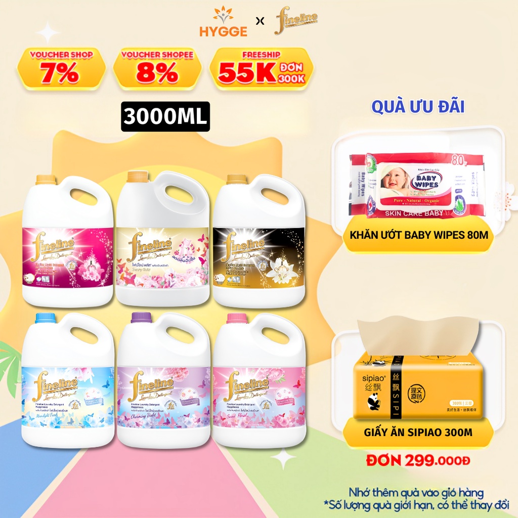 Nước giặt fineline giặt xả quần áo thái lan thơm lâu dùng giặt tay và máy can 3000ml