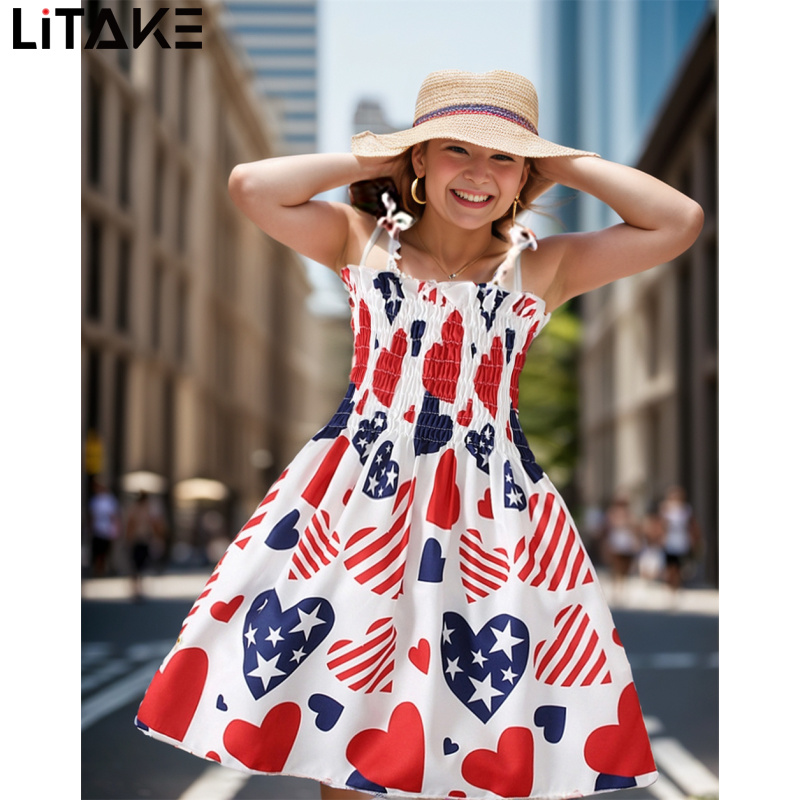 Toddler Girls America Flag Dress Square Neck Sleeveless Spaghetti Strap Dress Summer Casual Outfits ราคา 161 บาท*ส่งฟรี