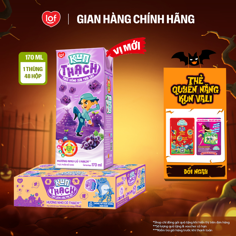 Sữa trái cây Kun vị nho có thạch thùng 48 hộp x 170ml
