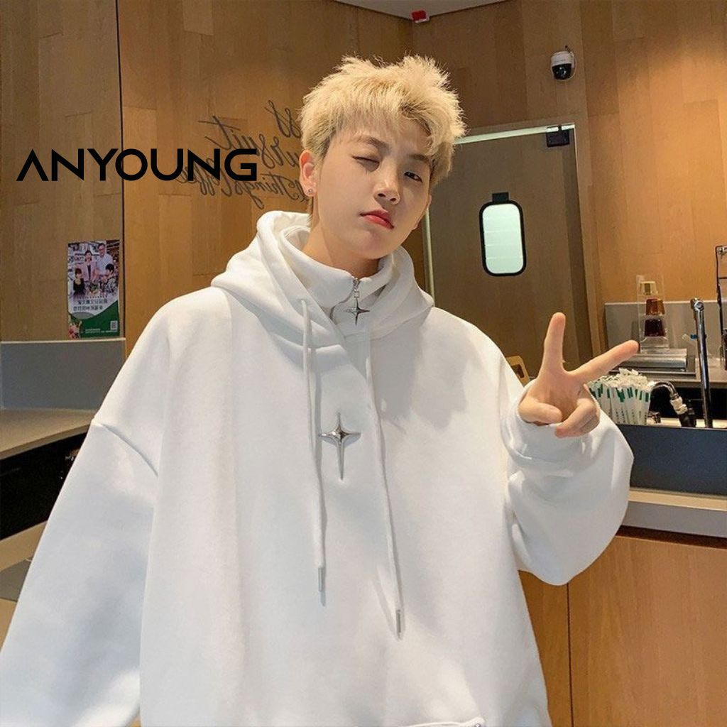 ATE Áo hoodie nam nữ ANYOUNG áo hoodie cổ cao dáng rộng phối khóa kéo thời trang kiểu Ninja, áo nỉ h