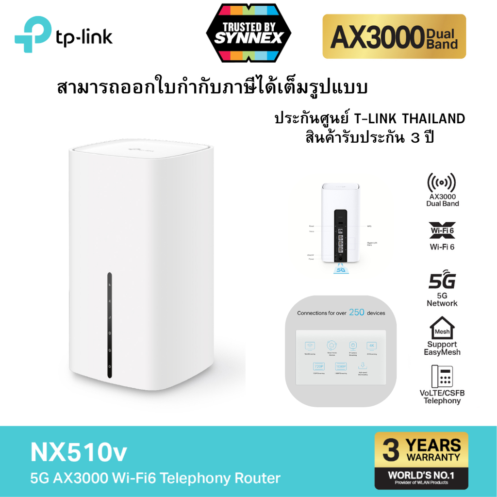 TP-Link NX510v ใหม่! เราเตอร์ใส่ซิม 5G AX3000 Wi-Fi6 Telephony Router ตั้งค่าง่าย เพียงใส่ SIM card ก็เพลิดเพลินกับเครือข่าย 5G ได้ทันที ราคา 8,820 บาท*ส่งฟรี