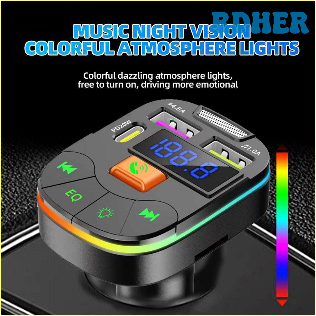 RDHER Car Bluetooth 5.3 FM Transmitter PD Dual USB 3.1A Fast Charger Colorful Ambient Light Handsfree MP3 Modulator Player Car FM WRYUT