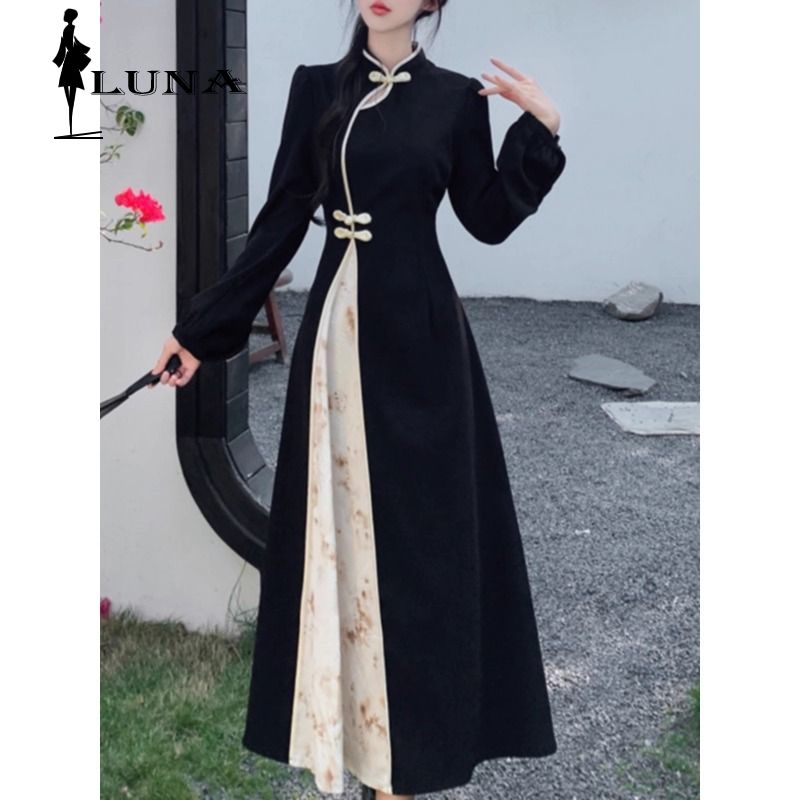 LUNA Trang phục cổ Trung Quốc Tân Trung Quốc Phong năm mới chiến bào khuy áo cải tiến sườn xám váy dài con cái kích thước lớn khí chất chắp vá tối hoa văn váy dép nữ xinh áo girl phố nữ dép nữ xinh đi chơi váy lanh mặc nhà đồ bộ mặc nhà nữ váy nữ rẻ vô