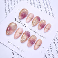 10pcs/bag Short Almonds Handmade Press On Nails 3D Spring Foral Black Rose Red Moonlight Cat Magnetic Detachable False Nails