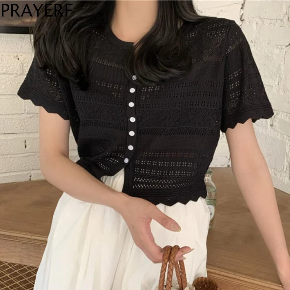 PRAYERF Cổ chữ V Áo thun Dệt kim khoét lỗ diềm Xếp Nếp ngọt ngào Ngắn Tay Áo cardigan Áo móc đi biển mùa hè Đàn hồi Áo nữ Áo hở eo lưới ren cho nữ Bé gái
