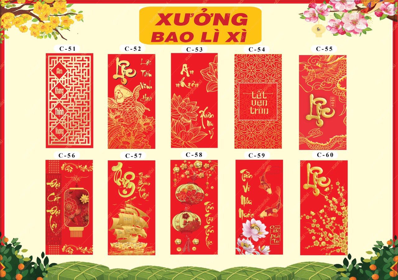 100 bao lì xì đủ mẫu hoa khai phú quý, bao lì xì tết