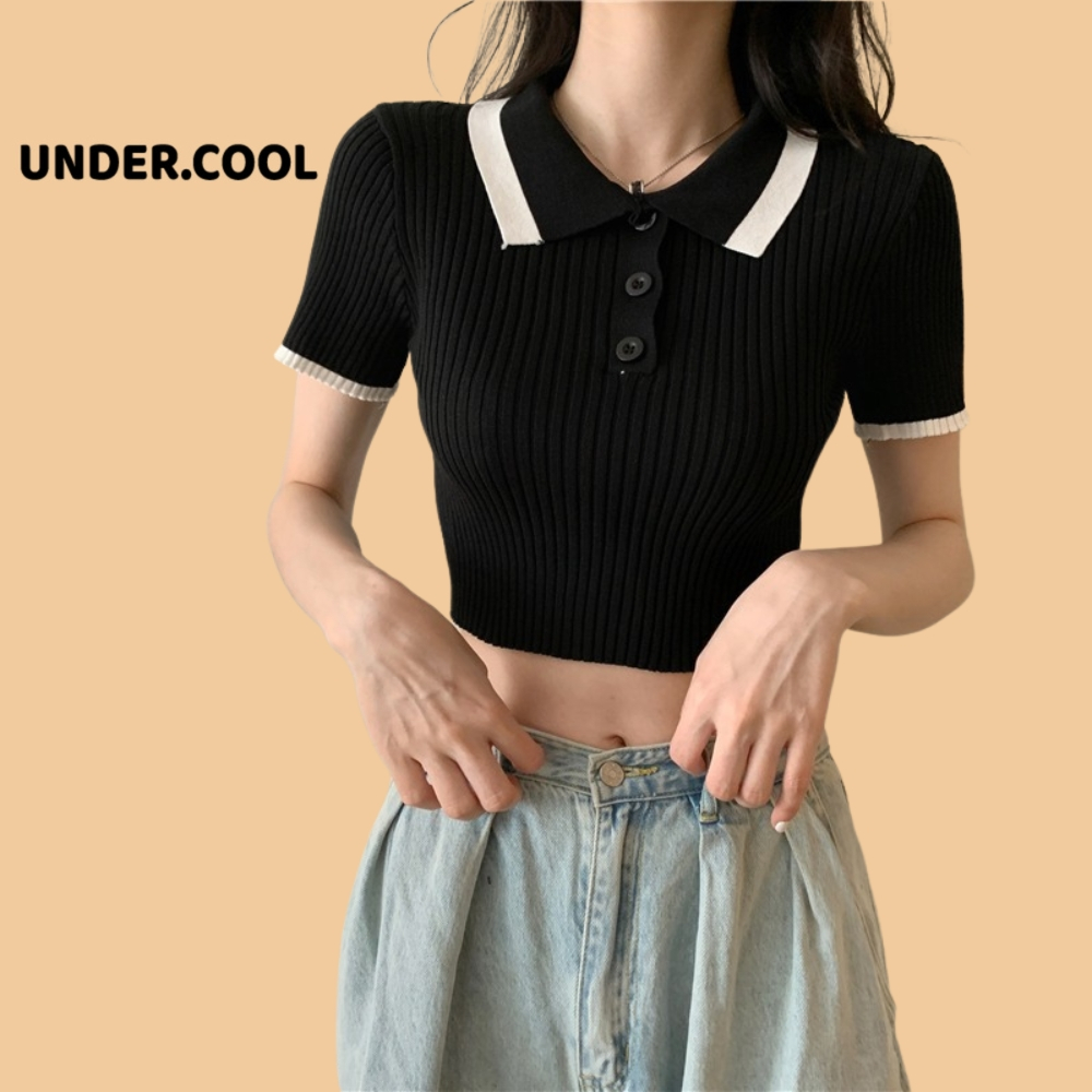 Áo Croptop Nữ Cổ Polo Len Nữ Mongtoghi Cộc Tay Cổ Phối Viền chất len tăm mỏng co dãn phong cách trẻ