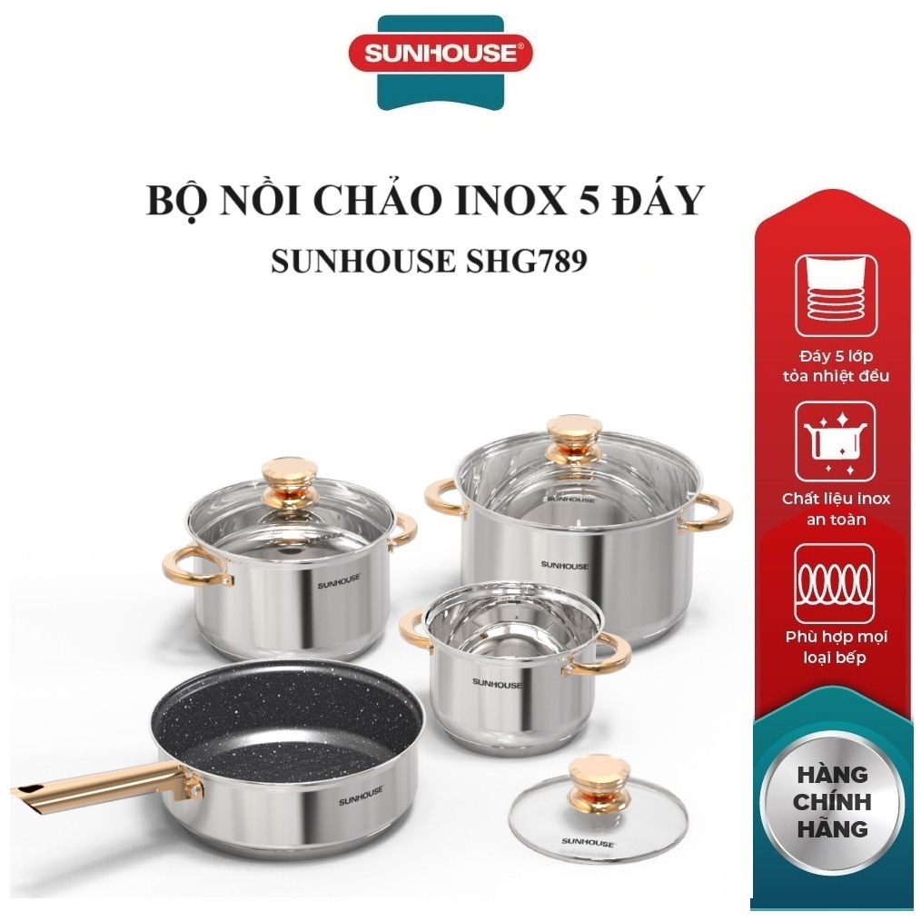 Bộ nồi kèm chảo inox 5 đáy Sunhouse SHG789