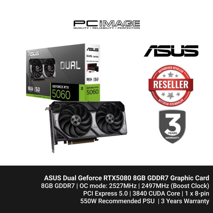 ASUS Dual GeForce RTX5060 8GB GDDR7 Graphic Card - 2527MHz | 2497MHz | 8GB GDDR7 | PCIe 5.0 | 3840 CUDA Cores | 550W PSU | 3 Years Warranty