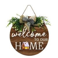 NUBE Retro Style 2D Round Welcome Sign 2D Flat Warm Home Hanging Wooden Board  Wall Sign Front Door Decor