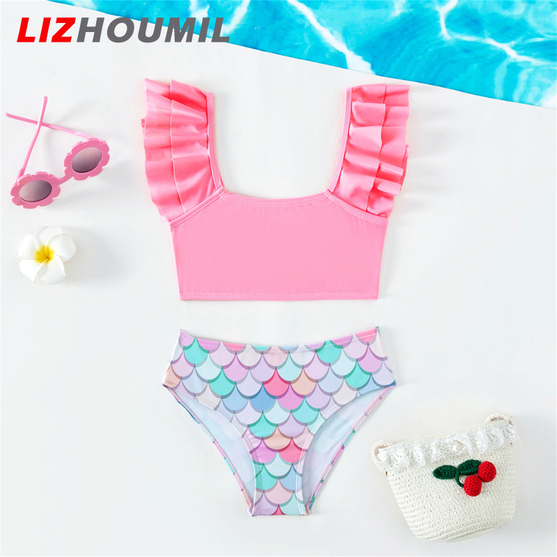 LIZHOUMIL Toddler Girls Swimwear Two Pieces Swimsuit Colored Scale Printing Square Neck Baby Girl Bikini Swimsuit Set For Summer Beach ราคา 203 บาท*ส่งฟรี