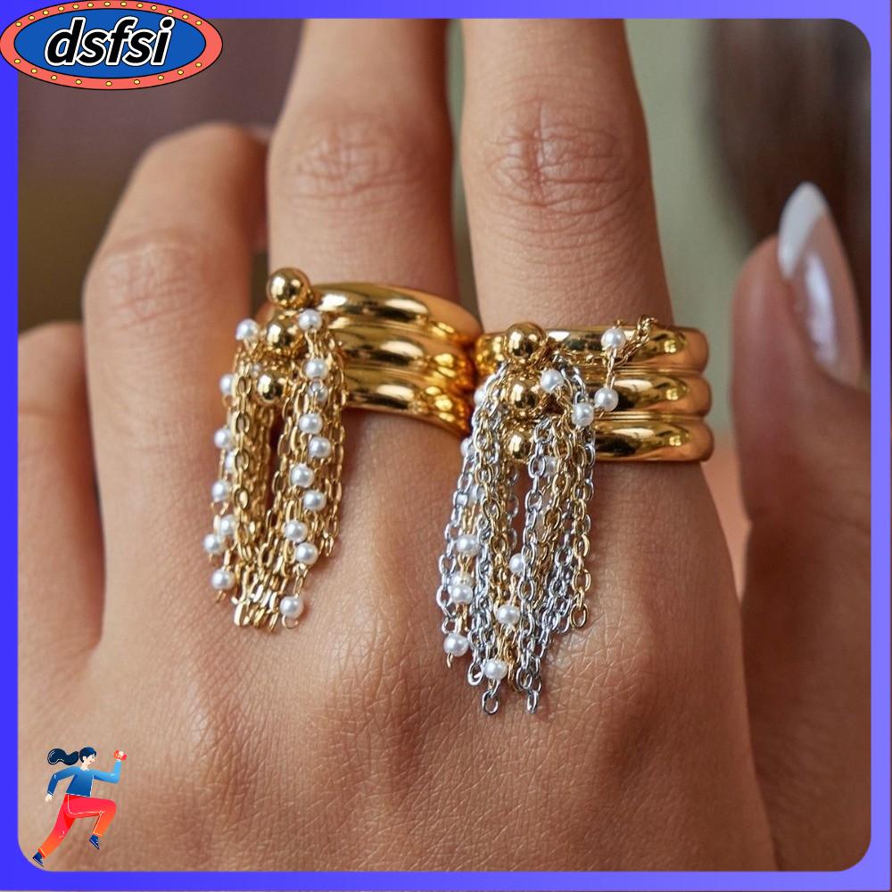DSFSI Dây chuỗi hạt Nhẫn tua rua Ba lớp Thép không gỉ Nhẫn mạ vàng Sáng tạo Nhẫn hở Phụ kiện trang sức