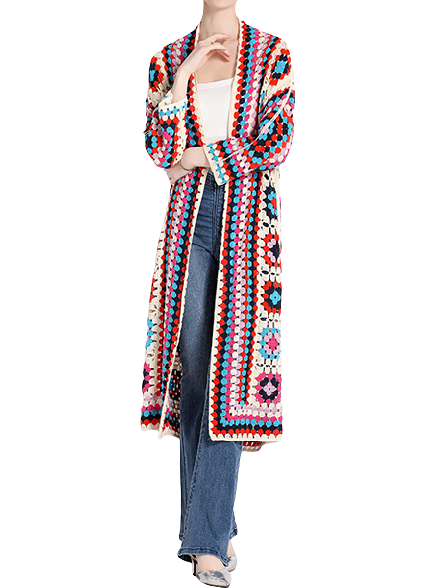 2023 Korean Phụ Nữ Của Crochet Áo cardigan hoa Giản Dị Tay áo dài Mở Phía Trước Áo Len Bohemian Outwear Áo Khoác