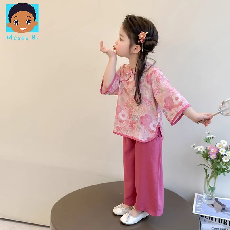 Bộ trang phục mùa hè cho bé gái , bộ hai mảnh phong cách truyền thống Trung Quốc cho trẻ em, quần áo mùa hè cho bé gái