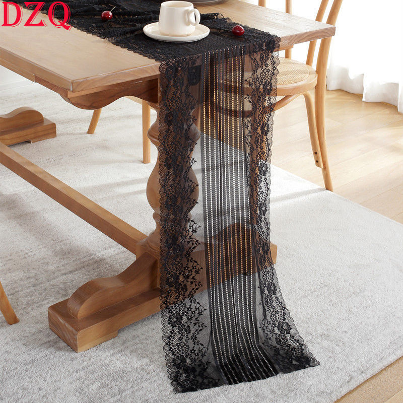 【In-demand】 French Elegance White/black Lace Table Runner Living Room Tv Cabinet Embroidered Flowers Lace Tablecloth Wedding Deco Q013