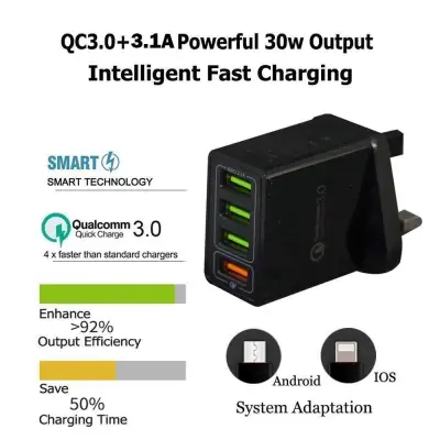 Qualcomm Quick Charge QC 3.0 30W 4-Port USB Wall Fast Charger Adapter