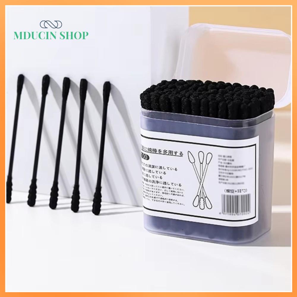 MDUCIN SHOP 100Pcs Hai đầu Tăm bông dùng một lần Mềm mại Hình dạng xoắn ốc Dụng cụ làm sạch tai  Đen Tăm bông vệ sinh Dụng cụ chăm sóc da đẹp