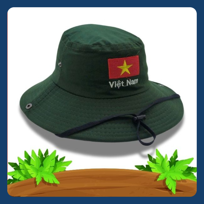 Hat with Embroidered Vietnamese Flag. Wide-Brimmed Hat for Men Working in the Fields Made of Kaki Fabric.