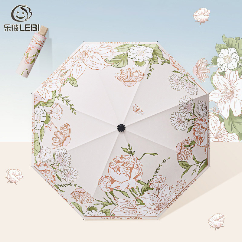 Tri-fold floral manual sun umbrella, retro rain or shine dual