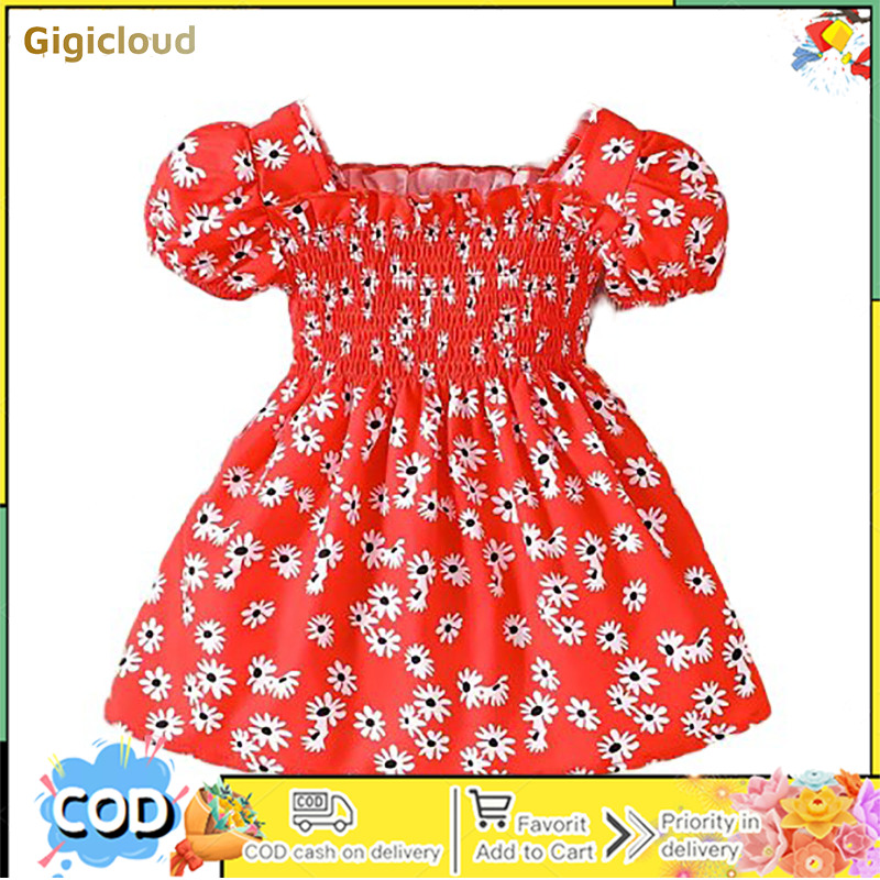 Toddler Girls Casual Dress Square Neck Puff Sleeve A-Line Smocked Dress Summer Floral Print Dress ราคา 171 บาท*ส่งฟรี