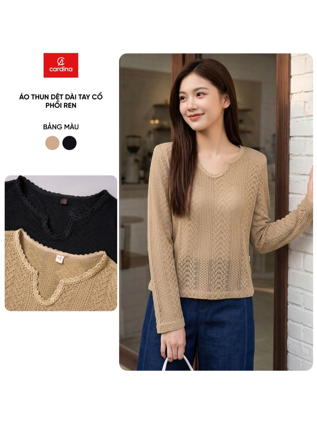 Áo thun nữ CARDINA chất liệu thun dệt dài tay cổ tròn phối ren 6AKD09
