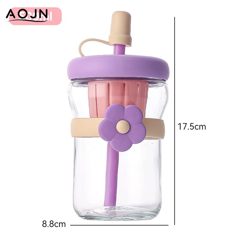 AOJN Stylish Flower Design Glass Straw Bottle with Tea Infuser for Juice and Herbal Tea ราคา 56 บาท*ส่งฟรี