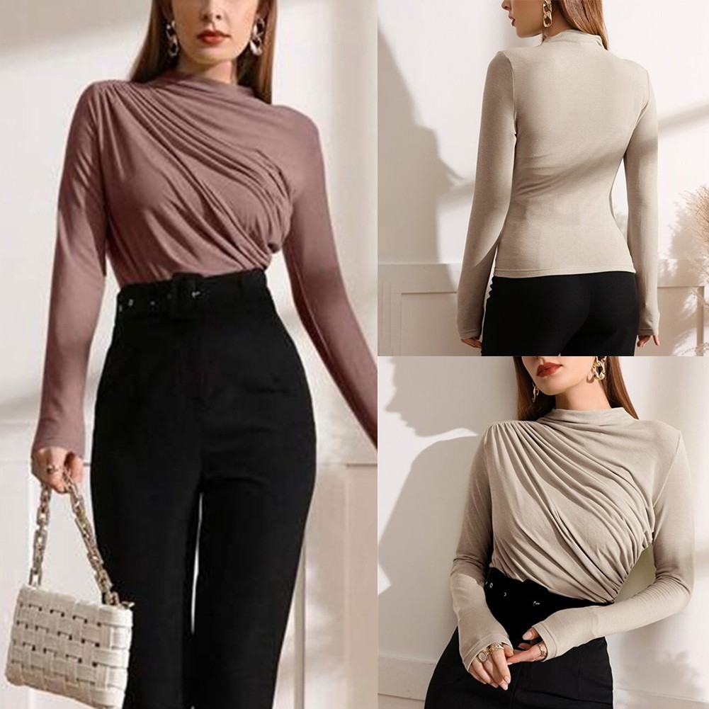 【Momlove】 Áo Thun Tay Phụ nữ dài sẵn sàng cho kỳ nghỉ ôm vừa cổ cao xếp li chi tiết [Sản phẩm bán chạy hàng tồn kho Lớn]