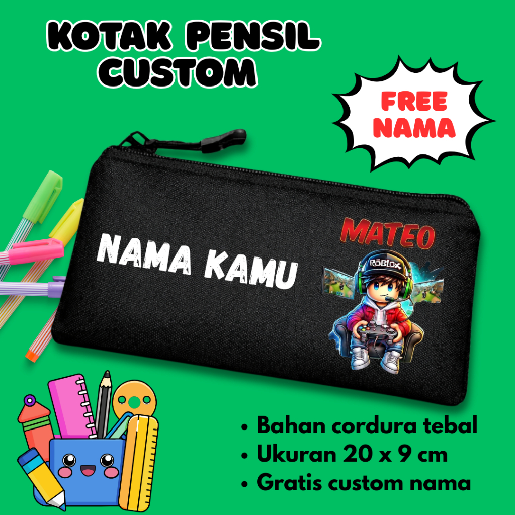 Tempat Pensil Custom Nama Anak Sekolah | Kotak Pensil Karakter Roblox Terbaru